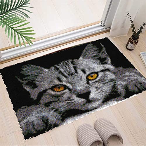 VIONNPPT Süße Katze Knüpfteppich Zum Selber Knüpfen DIY Stickkissen Teppich, Unfinished Häkelteppich Set mit Vordruck, Latch Hook Kits für Kinder und Erwachsene (Grau Katze,60cmx40cm) von Sudsty