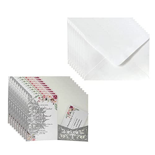 SueaLe 10 Stück glitzernde, florale, lasergeschnittene Hochzeitseinladungskarten mit Umschlag und leeren Innenblättern für Hochzeit, Verlobung von SueaLe