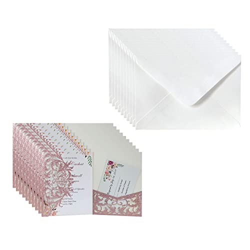 SueaLe 10 Stück glitzernde, florale, lasergeschnittene Hochzeitseinladungskarten mit Umschlag und leeren Innenblättern für Hochzeit, Verlobung von SueaLe