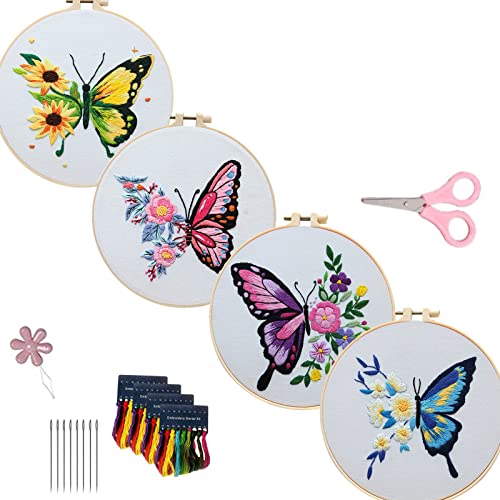 SueaLe Schmetterlings-Stickset Schmetterlings-Blumenmuster-Stickerei-Starter-Kit Gestempelte Kreuzstich-Kits für Anfänger Erwachsene Schmetterlings-Sticksets für Erwachsene von SueaLe