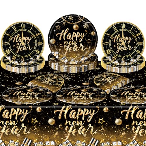 73 Stück Geschirr für Silvester Party 2025, Set Schwarz Gold Pappteller für 24 Personen, Silvester Dekoration, Teller, Servietten, Tischdecken 73 Stück Geschirr für Silvester Party 2025, Set Schwarz Gold Pappteller für 24 Personen, Silvester Dekoration, Teller, Servietten, Tischdecken von Suffolly