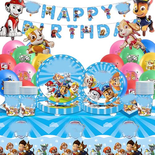 Suffolly Paw Dog Partygeschirr Set,78 PCS Dog Geburtstagsdeko Set,Paw Luftballons Geburtstag mit Happy Birthday Banner Cartoon Dog Luftballons für Kindergeburtstag Party Deko,B (Luftballons (78pcs)) von Suffolly