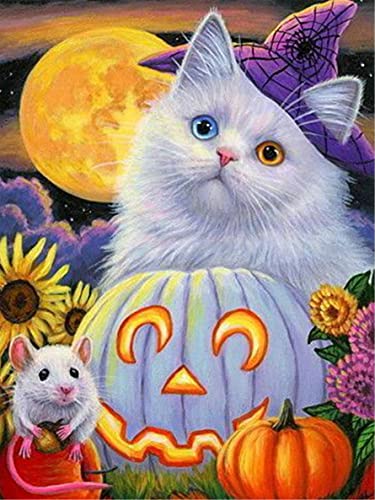 Sugamm 5D Diamond Painting Kit Katze Halloween Runder Full Drill Set, DIY Diamant Painting Bilder Kürbis Mond Kristall Stickerei Kreuzstich Home Schlafzimmer Büro Wanddekoration 30x40 cm von Sugamm