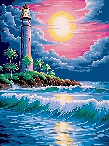 Sugamm 5D Diamond Painting Kit Leuchtturm Mond Runder Full Drill Set, DIY Diamant Painting Bilder Landschaft Kristall Stickerei Kreuzstich Home Schlafzimmer Büro Wanddekoration 30x40 cm von Sugamm