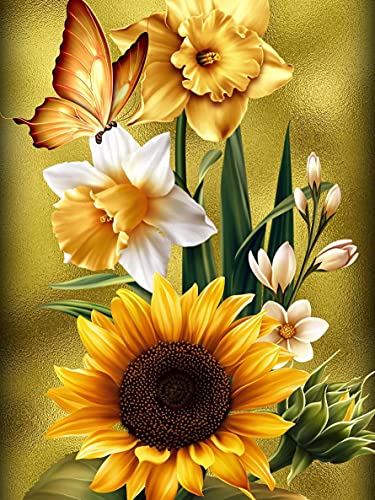 Sugamm 5D Diamond Painting Kit Sonnenblume Blume Runder Full Drill Set, DIY Diamant Painting Bilder Schmetterling Kristall Stickerei Kreuzstich Home Schlafzimmer Büro Wanddekoration 30x40 cm von Sugamm