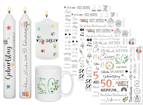 Sugeru 6 PCS Kerzentattoo (200+ Muster) - 50. Geburtstag,Wassertransferdruck | wasserschiebefolie kerzen | Kerzenfolie | kerzenaufkleber sticker | deko geschenk 50 geburtstag,Happy Birthday(50) von Sugeru