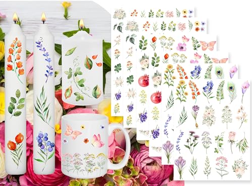 Sugeru 6 PCS Kerzentattoo (200+ Muster),Wassertransferdruck |wasserschiebefolie kerzen | Kerzenfolie | kerzenaufkleber sticker | Kerzen dekorieren | Sprüche,Happy Birthday (Aquarell Blumen I) von Sugeru
