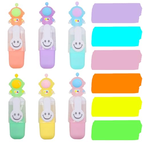 Sugeru® 6pcs mini Textmarker set mit Cartoon Stiftkappe | Marker,Leuchtstifte,Kawaii Schulsachen,Textmarker Klein Kinder,Highlighter Pen,Schulzubehör,Lustige Glitzer Stifte Mädchen Junge (Astronaut) von Sugeru