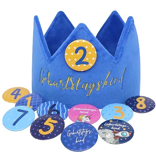 Sugeru® Geburtstagskrone Samt mit 11 Buttons Zahlen von 1-8 für kinder mädchen junge | krone geburtstag | kindergeburtstag Party deko | partyhüte | Rekordwachstum der Kinder | Wiederverwendbare (Blau) von Sugeru