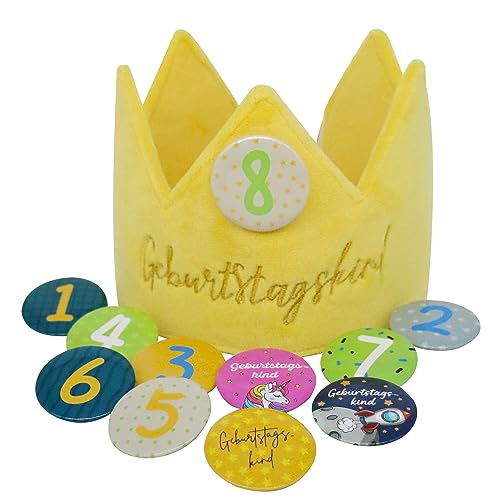 Sugeru® Geburtstagskrone Samt mit 11 Buttons Zahlen von 1-8 für kinder mädchen junge | krone geburtstag | kindergeburtstag Party deko | partyhüte | Rekordwachstum der Kinder | Wiederverwendbare (Gelb) von Sugeru