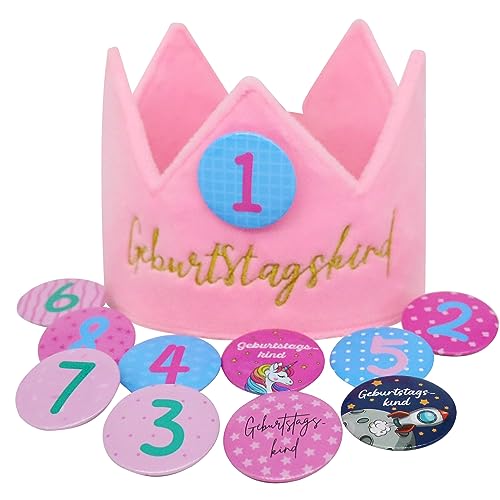 Sugeru® Geburtstagskrone Samt mit 11 Buttons Zahlen von 1-8 für kinder mädchen junge | krone geburtstag | kindergeburtstag Party deko | partyhüte | Rekordwachstum der Kinder | Wiederverwendbare (Rosa) von Sugeru