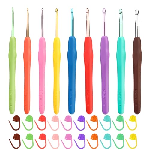 Sugeru®9pcs Häkelnadel Set mit 20pcs Maschenmarkierer,2.0-6.0mm Häkelset für Anfänger mit Gummi Softgriff,Glatte Hakenkopf,Ergonomische Leichtes Und Bequemes Häkelwerkzeug für Stricken,DIY (Farbe9pcs) von Sugeru