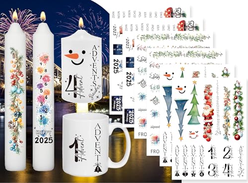 Sugeru 6 PCS Kerzentattoos Weihnachten (200+ Muster),Wassertransferdruck | DIY asserschiebefolie Kerzen | Kerzenaufkleber Weihnachts Sticker,Weihnachts, Adventstag, Neujahr (Countdown) von Sugeru