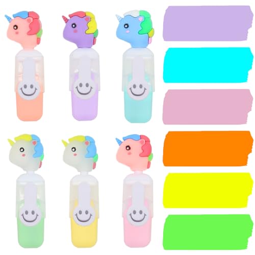Sugeru 6pcs mini Textmarker set mit Cartoon Stiftkappe Marker,Leuchtstifte,Kawaii Schulsachen,Textmarker Klein Kinder,Highlighter Pen,Schulzubehör,Lustige Glitzer Stifte Mädchen Junge (Einhorn) von Sugeru