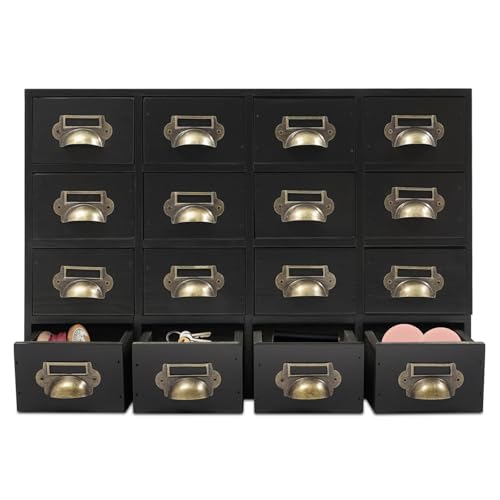 Schubladenbox Holz - 16 Fächer Medizinschrank, Stauraum mit Vintage-Design, 10 kg Tragkraft, Schubladenschrank für Home Office Desk Organisation und Lagerung, 50 × 10 × 35 cm (Schwarz) von SuhoFutus
