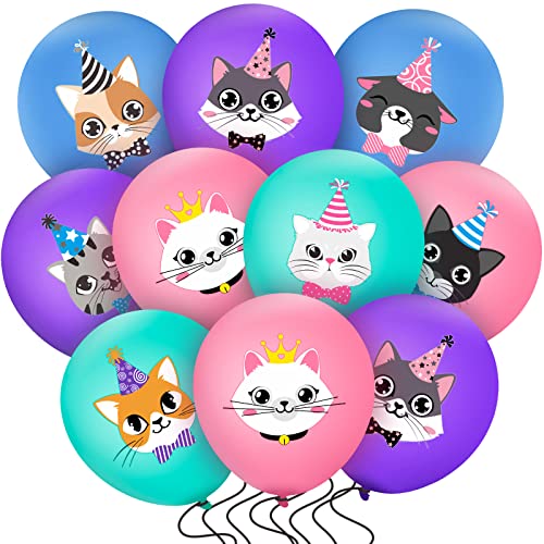 40 Stück Latex Luftballons für Katzen Geburtstage, Niedliche Karikatur Kätzchen Druck Luftballons Katzen Party Dekoration Tier Haustier Geburtstag Party Zubehör, Blau Rosa Lila und Grün von Suilung