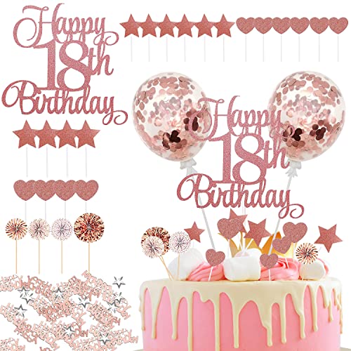 28 Stück 18 Geburtstag Mädchen Cake Topper Happy Birthday Tortendeko Glitter Rose Gold Kuchen Deko Geburtstag mit Ballons Sterne Konfetti Pailletten für Geburtstag Party Dekoration,Muffin Deko von Suitedget