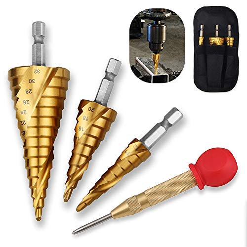 Sukudon 4tlg. Spiralnut Stufenbohrer Set HSS Edelstahl Bithalter Schälbohrer Stahlbohrer Bohrer Satz Elektrowerkzeug für Holz, Metall, Edelstahl, mit Körner mit Gummikappe Sukudon 4tlg. Spiralnut Stufenbohrer Set HSS Edelstahl Bithalter Schälbohrer Stahlbohrer Bohrer Satz Elektrowerkzeug für Holz, Metall, Edelstahl, mit Körner mit Gummikappe von Sukudon