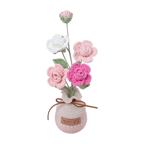 Sulxyi Künstliche Häkelblumen, gestrickter Blumentopf, gehäkelte Topfpflanze, charmantes Topf-Design, 24 cm, kompakt und vielseitig für Zuhause, Büro, Tisch, Auto, Dekoration von Sulxyi
