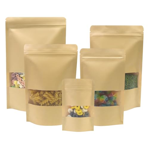 SumDirect Kraftpapiertüten mit Fenster，50 Stück Papiertüten mit Sichtfenster Zum Befüllen Klein, Standbodenbeutel Papiertüten Klein für Nüsse, Kaffeebohnen, Teeblätter(9cm×14cm) von SumDirect