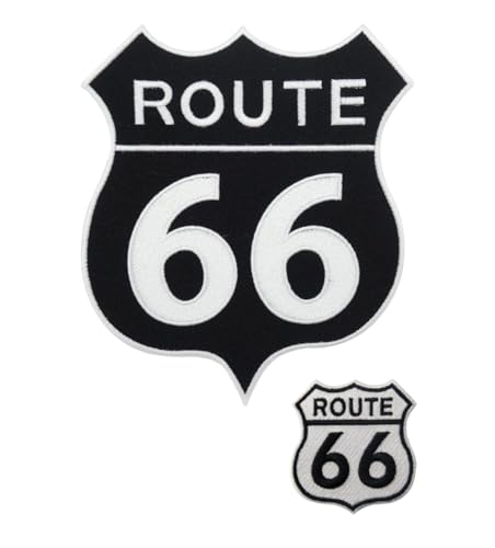 2 bestickte Aufnäher Biker Route 66 groß + klein, zum Aufbügeln für Motorradwesten, zum Aufnähen von Motorradjacken, bestickte Aufnäher auf Kleidung Zubehör, DIY von Suma Shop