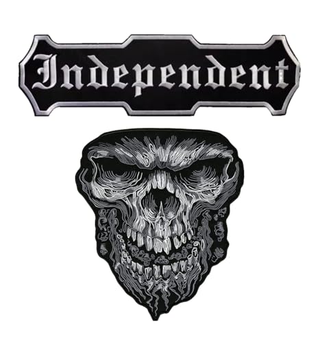 2 bestickte Patches Biker "Independent" + böser Totenkopf zum Aufbügeln für Weste und Motorradwesten, zum Dekorieren von Motorradjacken, Stickerei auf Kleidungszubehör, DIY von Suma Shop