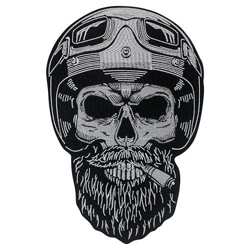 Großer bestickter Aufnäher Totenkopf mit Totenkopf-Helm für Motorradfahrer zum Aufkleben auf Jacken, Weste und T-Shirt mit Bügeleisen. von Suma Shop