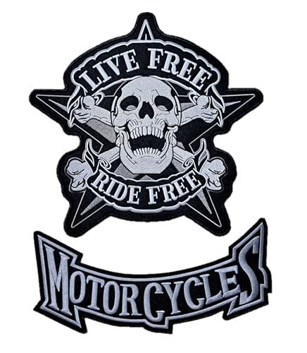 Set mit 2 Aufnäher Totenkopf auf Stern "Live Free Ride Free" + Motorcycles für Chapter, Biker, Iron für Jacke und Weste von Suma Shop