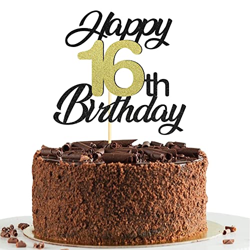 Sumerk 16 Tortenaufsätze zum 16. Geburtstag, Tortenaufsätze, Geburtstagsfeier, Dekorationszubehör, Gold und Schwarz, 1 Packung von Sumerk