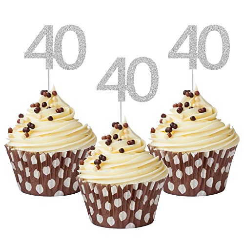 Sumerk 24 Stück 40 Cupcake-Topper Silber Glitzer 40. Geburtstag Cupcake Picks Jahrestag Party Dekorationen von Sumerk