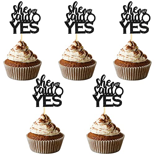 Sumerk Cupcake-Topper mit Aufschrift "She Said YES", Schwarz, Glitzer, für Hochzeit/Brautparty, Cupcake-Picks, Party-Dekoration, 24 Stück von Sumerk