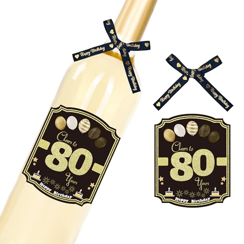 Sumerk Pack of 6 80th Birthday Bottle Labels with 6 Pcs Gift Bows Happy 80th Birthday Stickers Aufkleber 80.Geburtstag Self-Adhesive Birthday Gift for Frau Mädchen von Sumerk