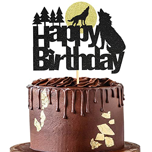 Sumerk Schwarzer Glitzer Wolf Tortenaufsatz Wolf Happy Birthday Kuchen Dekorationen Wildtier Thema Party Kuchen Supplies für Babyparty/Kindergeburtstag Party - 1 Stück von Sumerk