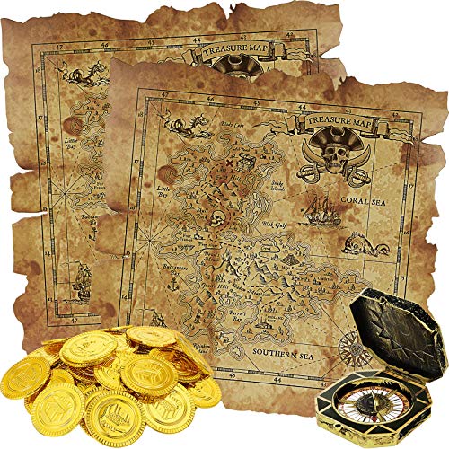 64 Stücke Piraten Themen Spielzeug, Enthält 60 Stücke Piraten Goldmünzen Gefälschte Münzen, 2 Stücke Schatzkarte und 2 Stücke Piraten Kompass für Schatzsuche Spielset Spielzeug Geburtstag von Sumind