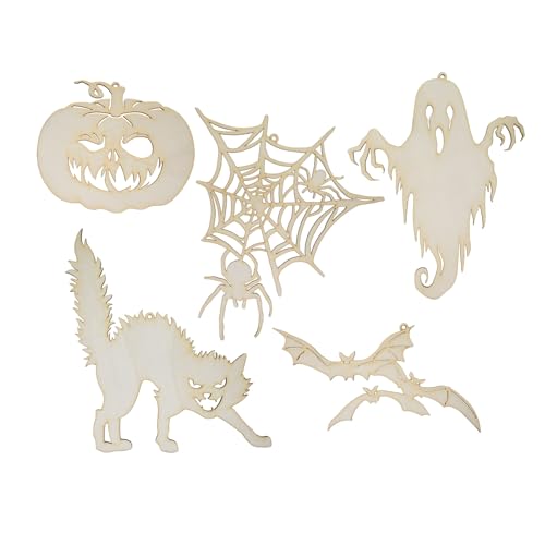 Summer-Ray 15er Set Halloween Holz Ausschnitte Set - Lasergeschnittener Kürbis, Spinnennetz, Geist, Katze & Fledermäuse - Gruselige Bastelformen für DIY, Geschenkverpackung & Dekor von Summer-Ray.com