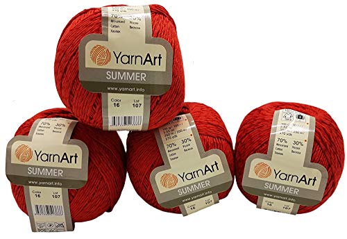 YarnArt Summer 4 x 100 gramm Wolle für Stricken und Häkeln, 70% merzerisierter Baumwolle und 30% Viskose (rot 16) von Summer