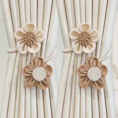 Raffhalter aus Naturfaser mit Blumenverzierungen, 2 Stück, geeignet zum Zurückhalten von Vorhängen in einer Vielzahl von Wohn- und Büroräumen (Beige + Kaki) von Sumsoctober