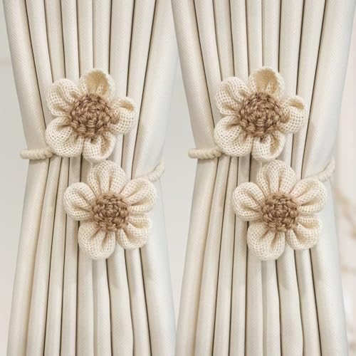 Raffhalter aus Naturfaser mit Blumenverzierungen, 2 Stück, geeignet zum Zurückhalten von Vorhängen in einer Vielzahl von Wohn- und Büroräumen (beige) von Sumsoctober
