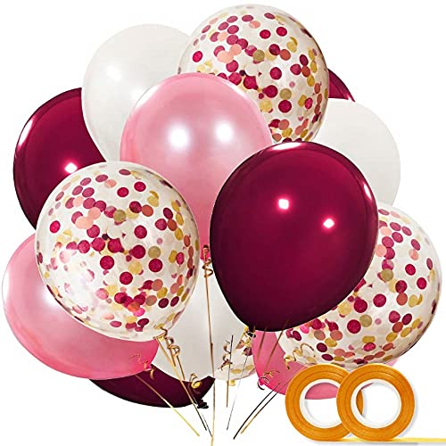 SunAurora 55 Stück Luftballons,12 Zolll,4 Farbe,Weiß Pink Weinrot Latex Ballons mit Konfetti Ballon für Baby Shower Bridal Shower Hochzeit Party Supplies (Rot) von SunAurora
