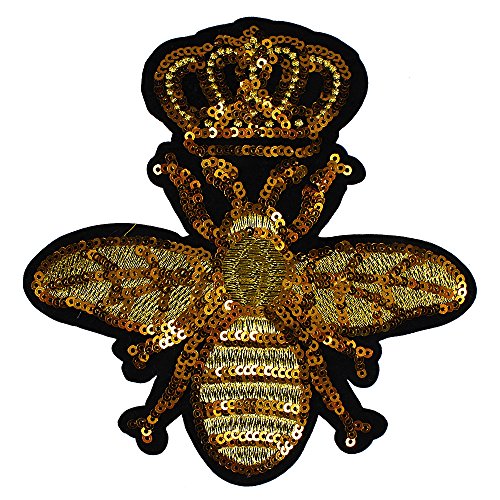 2 x goldene Pailletten-Krone, Biene, Stoffflicken, Abzeichen, geprägtes Motiv, Applikation, zum Aufbügeln auf Kleidung, dekoriertes Nähzubehör von Sunbe shine