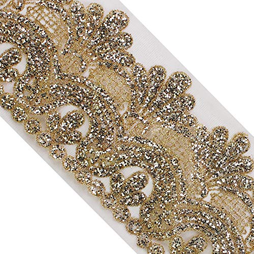 Sunbe shine Spitzenband mit Perlen und Pailletten, Blumenbesatz, Netzstoff, Zierband, Verzierung, Brautkleid, Basteln, Nähen, 4,5 m (Gold) von Sunbe shine