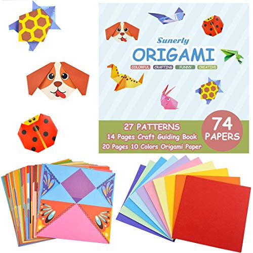 Sunerly Buntes Origami-Papier mit 14-seitigem Lehrbuch 74 doppelseitigen, lebendigen Origami-Papieren 27 Bastelprojekte Weihnachten Origami DIY Kunst für Kinder von Sunerly