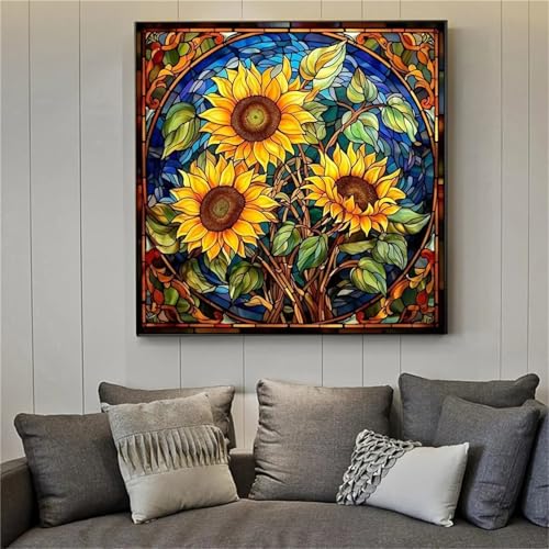 5D Diamond Painting Buntglas,Diamant Painting Bilder für Erwachsene DIY Rund Vollbohrer Stickerei Kreuzstich Diamant Malerei Set Wohnzimmer Schlafzimmer Wand Decoration,50x50cm von Suneve