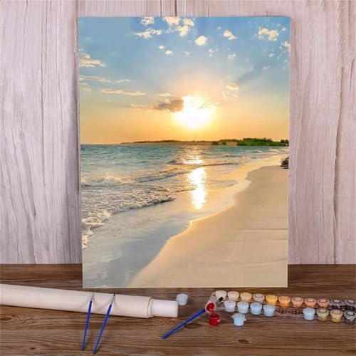 Malen Nach Zahlen Erwachsene Sonnenuntergang Strand Paint by Numbers DIY mit Pinseln und Acrylfarben Malen Nach Zahlen,Meer Handgemalt Ölgemälde Leinwand Kunst für Home Decor,ohne Rahmen 30x40cm von Suneve