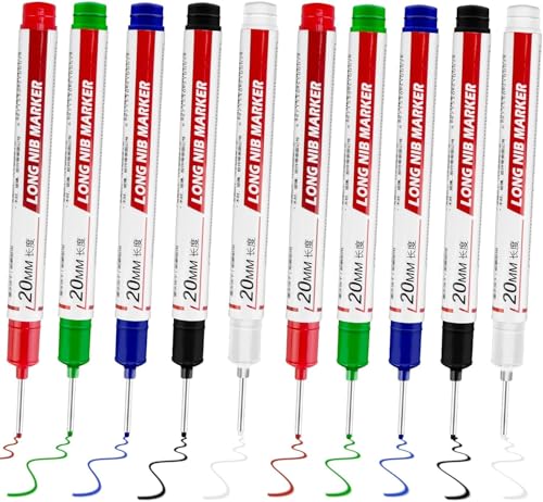 Sunkangkang 10 Stück Langer Kopf Deep Hole Marker – Langer Nib Marker, Multi-purpose Deep Hole Marker Pens, Quick Dry Waterproof Colorful Carpenter Pen Markers for Bau, Bad, Woodworking von Sunkangkang
