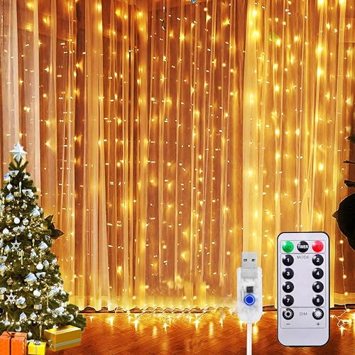 Sunlisky Lichtervorhang 3x3m 300LED Lichterketten Vorhang, 8 Modi IP65 Wasserdicht, LED Lichterkettenvorhang mit Fernbedienung Timer, für Innenbeleuchtung Partydekoration Valentinstag von Sunlisky