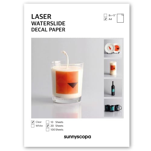 Sunnyscopa Wasserschiebefolie für Laserdrucker - Transparent, A4, 20 Blätter - Personalisierte Transferfolie - Bedruckbares DIY Aufklebepapier von Sunnyscopa