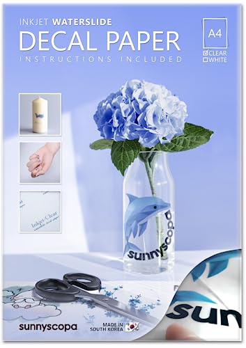 Sunnyscopa Wasserschiebefolie für Tintenstrahldrucker - Transparent, A4, 20 Blätter - Personalisierte Transferfolie - Bedruckbares DIY Aufklebepapier von Sunnyscopa