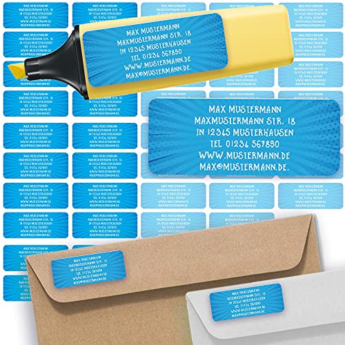 Adress-Etiketten - Adress-Aufkleber Sticker Namensaufkleber mit Ihrem Wunschtext 57x 23mm, für 1 bis 5 Zeilen Text - 45 Stück – 45 Hintergründe zur Auswahl (01 Comic Blau blue) von Sunnywall