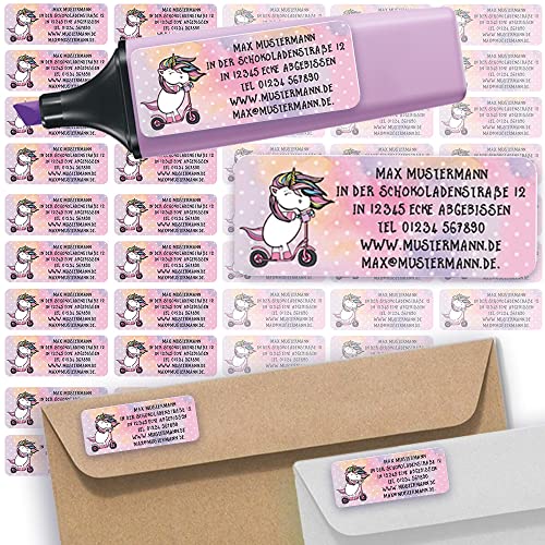 Adress-Etiketten - Adress-Aufkleber Sticker Namensaufkleber mit Ihrem Wunschtext 57x 23mm, für 1 bis 5 Zeilen Text - 45 Stück – 45 Hintergründe zur Auswahl (02 Einhorn Unicorn) von Sunnywall